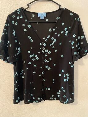 Cascading Floral Ruffle Sleeve Crepe Blouse